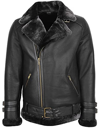 House of Leather Herren Echt Schaffell Flieger Jacke Kreuz Reißverschluss Fliegend Stil Alvin Schwarz M