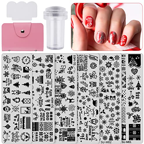 EBANKU 6PCS Christmas Nail Art Plates Nail Plates Nail Stamp Templates Christmas Tree Snowflake Reindeer Patterns Image Plates with 1 Stamper + 1 Scraper + 1 Storage Bag