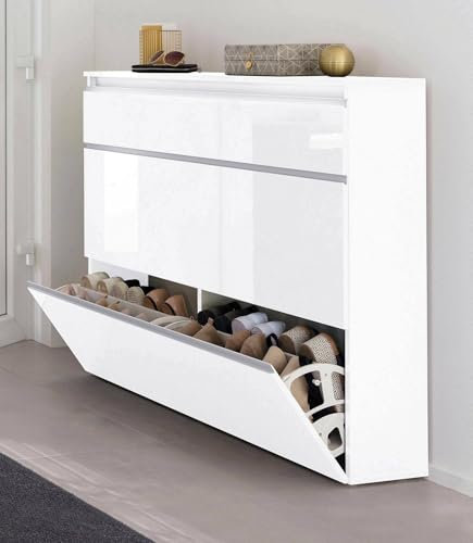 Dmora - Étagère à chaussures Piero, Armoire polyvalente avec 2 portes et 1 porte abattante, Étagère à chaussures d'entrée, 100% Made in Italy, 120x27h108 cm, Blanc brillant