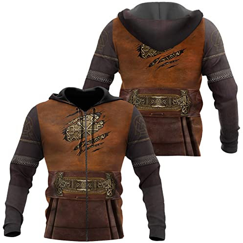 WDBAYXH Men Viking Armor Thor's Hammer Vegvisir 3D All Over Printed Hoodie, Harajuku Fashion Retro Hooded Sweatshirt Casual Jacket Loose Pullover Tops,Zip,M
