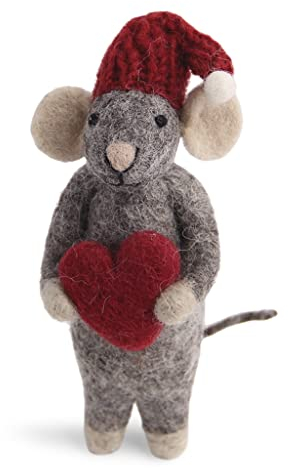 Én Gry & Sif Maus Weihnachtsmaus mit Ornament - Anhänger aus Filz, Weihnachts-Deko - 1 Stück (Graue Maus mit Herz)