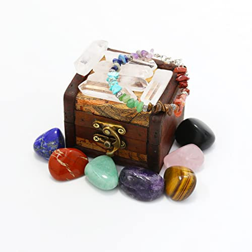 Nvzi Set de Cristales y Piedras de Sanación en Caja de Madera, Kit de Gemas y Cristales, 7 Piedras de Chakra, Regalos Espirituales para Mujeres, Suministros y Herramientas de Hechicería