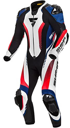 SHIMA APEX RS Traje de Motociclista Hombre - Cuero 1-Pieza Traje Deportivo Carrera Ventilado con Deslizadores Hombros y Rodillas, Espalda CE, Hombros, Coderas, Costuras Reforzadas (46, Blanco/Azul)