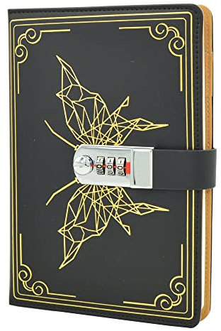 Auvier Creative PU Leather Notebook Diary with Lock (Retro Butterfly), A5 Secret Password Notepad Journal Travel Diary Organiser with Combination Lock Pen Holder, 150 x 220 mm, Black