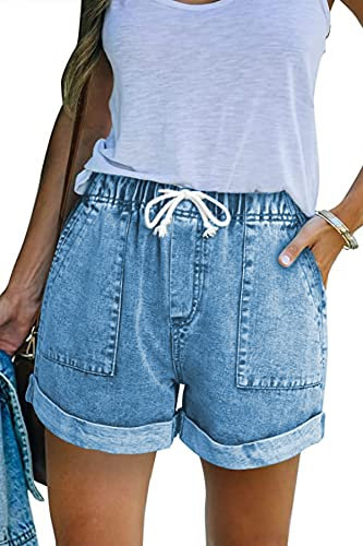 FANGJIN Jean Short Femme avec Poche Bermuda Grande Taille Haute Été Elastique Ample Long Large Plage Fluide Sexy Coton Denim Ceinture Retroussé Lac Bleu L 42 44