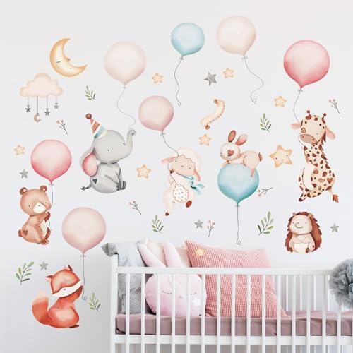 Tanlaby Karikatur Tier Wandtattoo Rosa blauer Ballon Wolken Stern Wandsticker Dschungel Affe Giraffen Bär Wandaufkleber für Kinder Babyzimmer Wohnzimmer Schlafzimmer Kinderzimmer Hause Wanddekoration