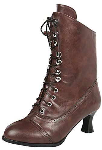 SOOUICKER Ladies Mid Calf Lace Up Boots Women Wide Fit Gothic Steampunk Ankle Boots for Women with Heel