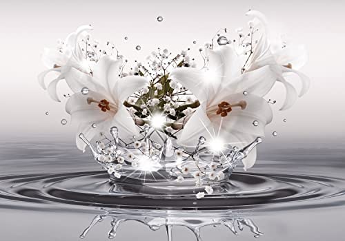 decomonkey Premium Fototapete Diamant Blumen 400x280 cm Tapete Fototapeten Vlies Tapeten Vliestapete Wandtapete moderne Wand Wandbild Schlafzimmer Wohnzimmer Lilien Grau 3D Effekt Abstrakt Tropfen