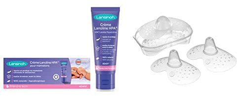 Lansinoh I Crème Lanoline HPA 40 ml & MAM Bout de sein – Lot de 2 bouts de sein en silicone avec boîte de stérilisation – Accessoire spécial allaitement doux comme la peau – Taille S, 17 mm