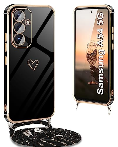 Yutwo Hülle für Samsung A54 5G mit Band, Silikon Stoßfeste Handykette mit Herz Love Design Schutzhülle, Schwarz