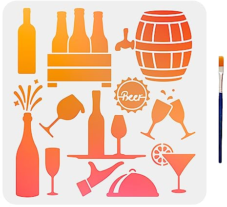 MAYJOYDIY Wine Stencil Wine Bottle Champagne Bottle Stencil for Painting Drink Beer Pattern Template 30×30cm with 1pc Art Paint Brush Kitchen & Home Decor Walls Wood Signs