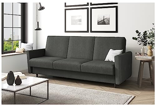 MEBLINI Sofa mit Schlaffunktion - Schlafcouch Ausziehbar - Schlafsofa mit Bettkasten - Sofabett - Couch mit Schlaffunktion - Klappsofa - Andres 2-221x87x93cm - Dunkelgrau Webstoff