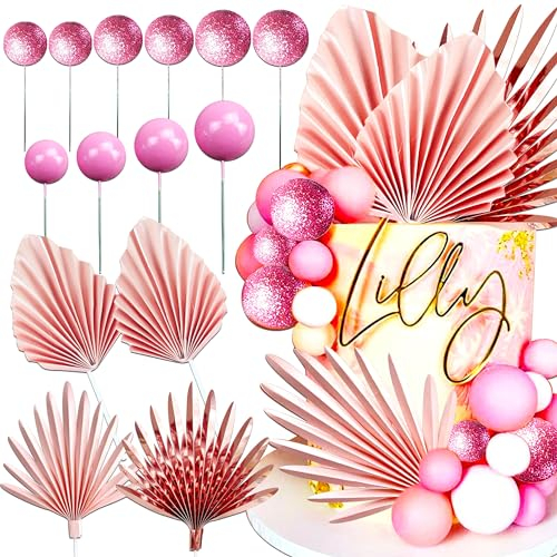 JeVenis Rose Gold Balls Cake Decoration Baby Shower Cake decorations Palm Leaves Cake Decorations Rose Cake Topper Boho Cake Decoration Palm Leaves Cake Decoration