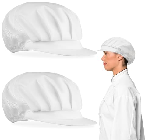 TIEOME Pack de 2 Gorros de Chef para Mujer, Elástico y Antipolvo de Malla Transpirable, de Trabajo y Taller Industrial para Cocina (Blanco)