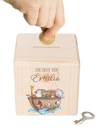 wunderwunsch® - Personalisierte Spardose Kinder aus Holz mit Metallschloss - Spardose mit Namen mit kinderfreundlichem UV-Druck zum Sparen für Kinderträume