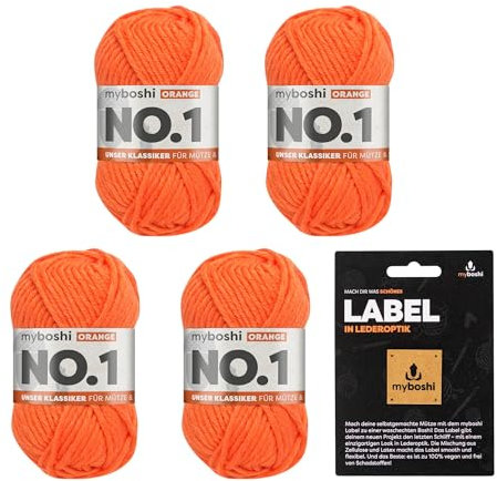myboshi No.1 Wolle zum Häkeln und Stricken, Schnellstrickgarn, langlebige Mützenwolle, Strickwolle, Häkelwolle, mulesing-frei, Ll. 55m /50g, 30% Wolle (Merinowolle) Orange (Orange) 4 Knäuel