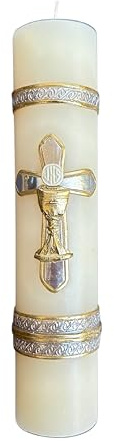 San Rafael Arcangel Holy Grail Cross Candle for First Communion or Baptsim White Candle Silver Cross Design Vela Catolica de Primera Comunion o Bautizo con Cruz Christening Celebration 8 inch