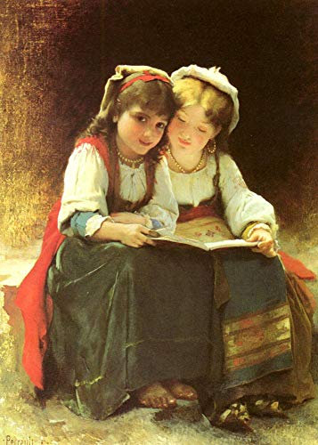 Toperfect Peinture à l'huile sur toile - 3 œuvres murales célèbres - Une histoire intéressante Les sœurs Léon Bazile Perrault lisent un livre -05, €50-€2000 Peint à la main