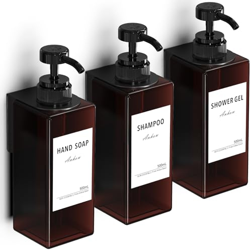 Anhow 3er Seifenspender Wandbefestigung Set, 500ml Seifenspender Wand Ohne Bohren Kunststoff Spülmittelspender mit 16pcs Wasserdichten Etiketten für Küche und Badezimmer - Bernstein