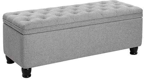 SONGMICS Sitzhocker mit Stauraum, Sitzbank aufklappbar, Fußbank mit Knopfsteppung, 45 x 118 x 45 cm, Scharniere, Massivholzfüße, Bezug aus Leinenimitat, bis 150 kg belastbar, hellgrau LOM070G02