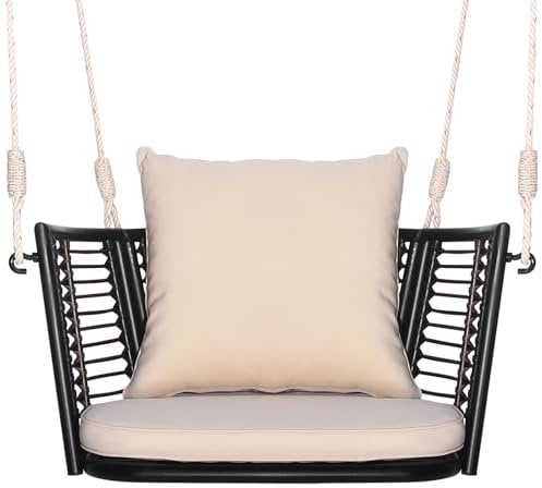SFAREST Porch Swing Chair, Outdoor Single Person Rattan Hanging Hammock with Seat & Back Cushion, Metal Frame Wicker Rope Swing Lounge Seat for Patio Backyard Balcony Living Room