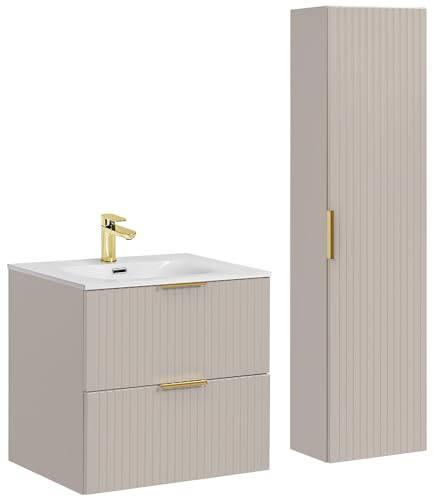 Lomadox Badezimmer Badmöbel Set mit 60cm Waschtisch, 2-teilig, in Kaschmir, mit Keramik-Waschbecken