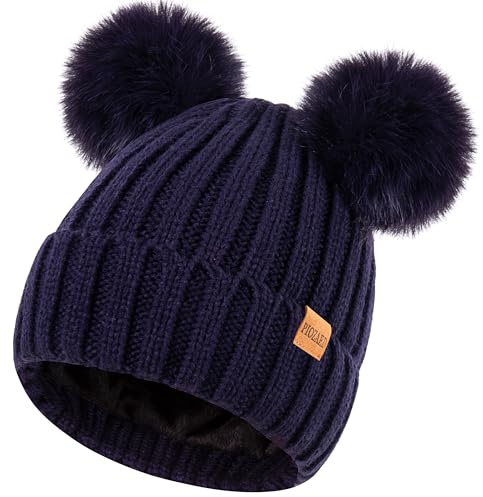 PIOZAED Women's Winter Warm Knit Beanie mit Kunstpelz Pom Skull Cap Cozy Fleece gefüttert Hut für Frauen