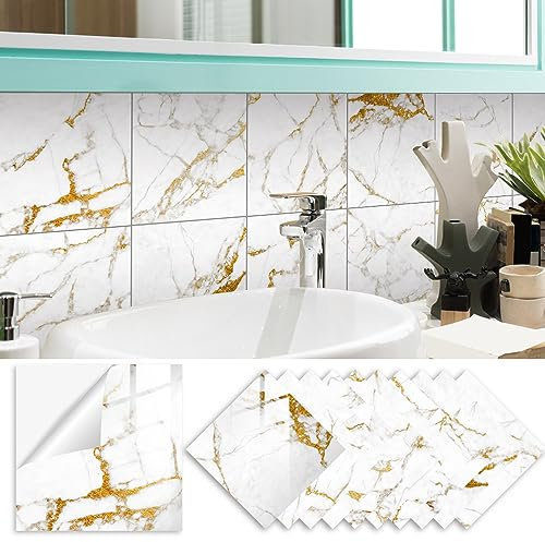 Lukery 20 PCS Wall Stickers, Self Adhesive Peel and Stick DIY Floor Marble Wall Tiles (20x20cm,White Gold)