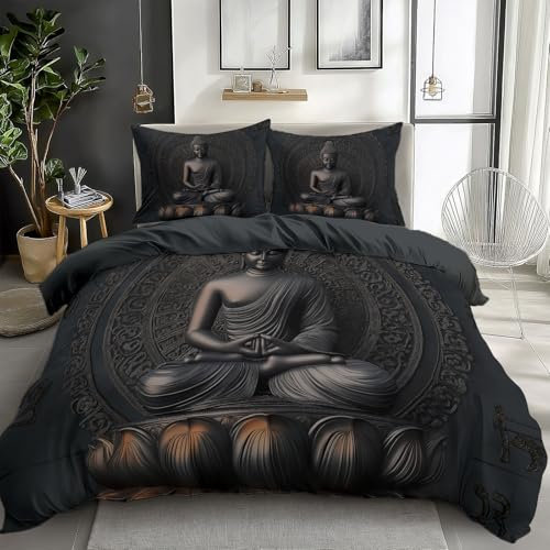 Quixora Parure de lit 2 Personnes - Housse de Couette Motif Mandala Statue de Bouddha Gris foncé Bleu + 2 Taies d'oreiller 65x65cm, Polyester, 200 x 200 cm