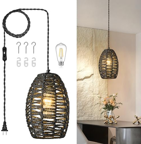 ZPBSJ Rattan Plug in Pendelleuchte Boho Hängeleuchten Schwarz Hängeleuchten Höhenverstellbar Korb Lamp E27 Hängelampe für Schlafzimmer Wohnzimmer Bauernhaus(1Pack)