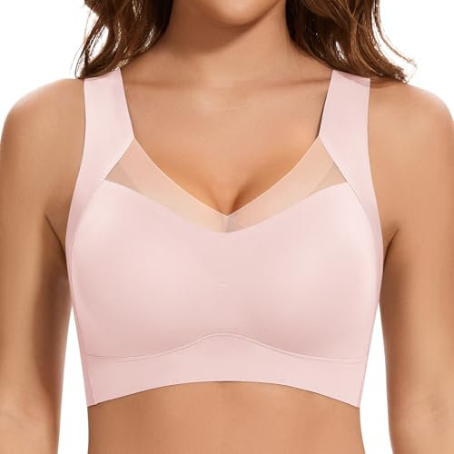 Jiuday Nahtloser BH ohne Bügel Große Brüste Spitze Sport BH Bustier Damen Gepolstert Soft Comfit Bügelloser Push Up BHS Haltungskorrektur Bra (Rosa,3XL)