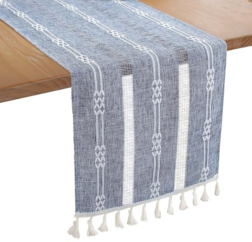 Bigqin Tischläufer Blau, 180 x 33 cm waschbares Tischband Boho Landhausstil Tischdekoration Table Runner mit Quasten für Geburtstage & Hochzeite