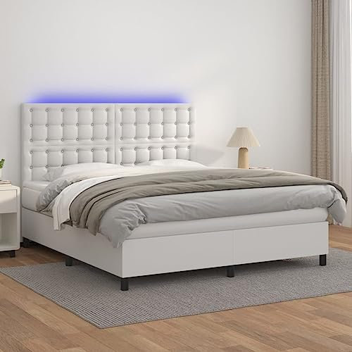 Iiaky Boxspringbett mit Matratze & LED Weiß 180x200 cm Bett Mit Matratze Boxspringbett Matratze Betten Boxspringbett Kunstlederer // 3135958