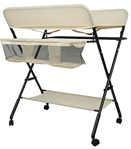 WODFARR Wickeltisch, faltbar, Wickeltisch mit Aufbewahrungskorb, Sicherheitsgurt und 4 Rollen mit Bremse, höhenverstellbar, A, Beige