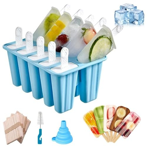 Eisformen 10 Eisförmchen wiederverwendbar Formen Eiscreme DIY Ideen Eis am Stiel BPA Frei - kommt mit einer Reinigungsbürste und Silikon Falttrichter(Blau)