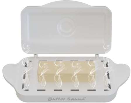 Butter Sauna™ Steam Powered Quick Butter Softening Dish with Flip-Top Lid & Matching Knife, Holds 2 Sticks/European, Tablespoon Measurements, Dishwasher Safe