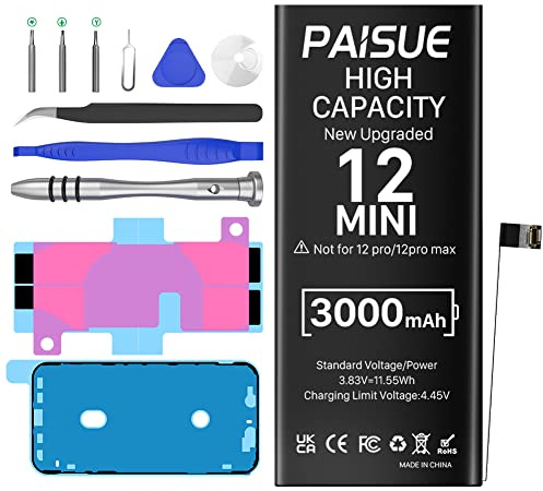 [3000 mAh] Akku für iPhone 12 Mini, Ersatzakku mit hoher Kapazität für iPhone 12 Mini Modelle A2399, A2400, A2398, A2176 mit Werkzeugset
