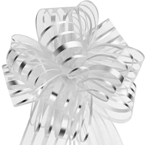 HHXUUAN 6Pcs 6 Inch Large Silver Ribbon Organza Pull Bows for Gift Wrapping | Suitable for baskets, wedding, christmas, valentine's day, gift packaging decoration
