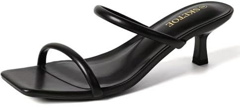 SKETOE Kitten Heels for Women Comfortable Two-Strap Open Toe Sandals with Padded Footbed Square Toe Heels