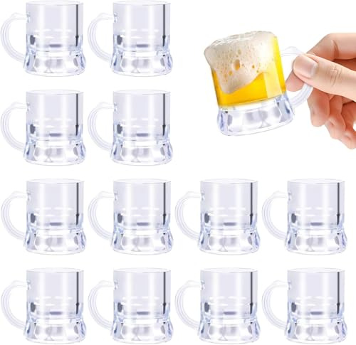 12-Pack 1oz (30ml) Mini Plastic Beer Mugs - Clear Reusable Shot Glasses with Handles for Beer Tasting, Party Supplies for Vodka and Tequila, Durable and Lightweight