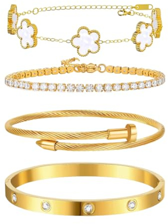 JYIXXZX 4 Stück Armband Damen Gold 18K Vergoldet Vierblättriges Kleeblatt Armbänder Set Verstellbare Stapelbare Tennisarmband Cubic Zirkonia Armreif Glücksschmuck für Damen