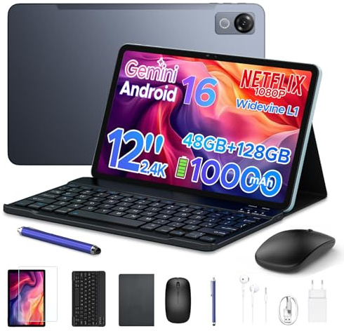 Luzglo P12 Android 16 Tablet 12 Pollici, T7280 Octa-Core, 48GB RAM+128GB ROM/2TB TF, IPS 2.4K Display 120 Hz, 10000 mAh,WiFi5, 8MP+13MP,Gemini AI, Tablet con Tastiera, Face ID/GPS/OTG/FM, Grigio