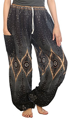 Lofbaz Damen Kordelzug Diamant Harem Boho Genie Hose Schwarz XL