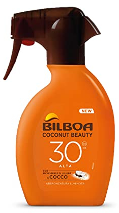 Bilboa Coconut Beauty Sonnenspray Trigger mit LSF 30 Schutz, Sonnenspray mit Jojoba- und Kokosnuss-Mikroperlen, helle Bräunung, wasserfester Schutz, 250 ml