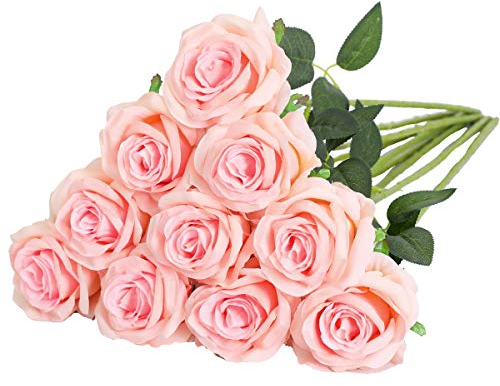 Nubry Artificiel Soie Rose Fleurs Tige Unique Une Fausse Rose Réaliste pour Le Bouquet de Mariage Arrangements Floraux Décoration, 10pcs (Rose Clair)