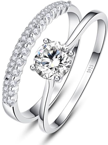 Yaresul Silber Ringe 925 Frauen Set 0,9 ct Rundschliff Cubic Zirkonia Solitär Ring Set Verlobungsring Damen Silber Stapelbar Hochzeit Ringe Set für Frauen Größe 52(16.6)