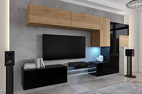 Furnitech Wohnwand Wohnzimmer | Hängend Wohnwand Modern | Wohnzimmer Schrankwand mit Regale und TV Schrank | Wohnzimmer Möbel ohne LED (AN92NEW-21SB-HGM28)