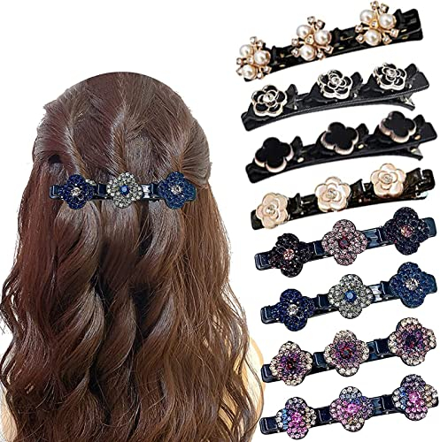8 Pièces Barrette à Cheveux Latérale à Trois Fleurs, Pince À Cheveux pour Femmes Accessoires De Cheveux Cadeau, Pinces à Cheveux Tressées en Pierre de Cristal Etincelante