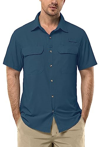 33,000ft Camicia da uomo a maniche corte UPF50+, protezione UV, per attività all'aria aperta, ad asciugatura rapida, per il tempo libero, per pesca, safari, viaggi, golf, Blu scuro, M