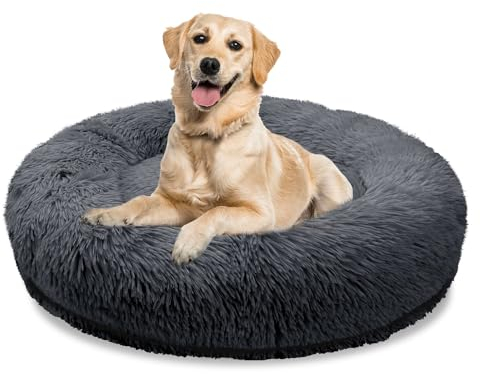 bluzelle Orthopädisches Hundebett für Grosse Hunde, 120cm Donut Kissen Waschbar Memory Foam Rund, Hundekorb Hundekissen Flauschig Plüsch Kunstfell Weich, Farbe:Dunkel-Grau
